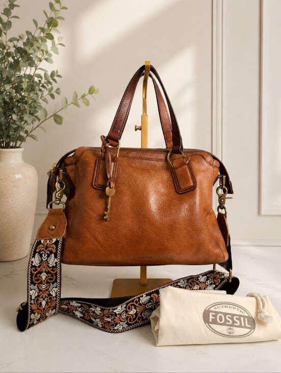 Fossil Handbags - Fossil Vintage Cognac Leather Satchel w/ Boho Floral Guitar Strap & Dust Bag